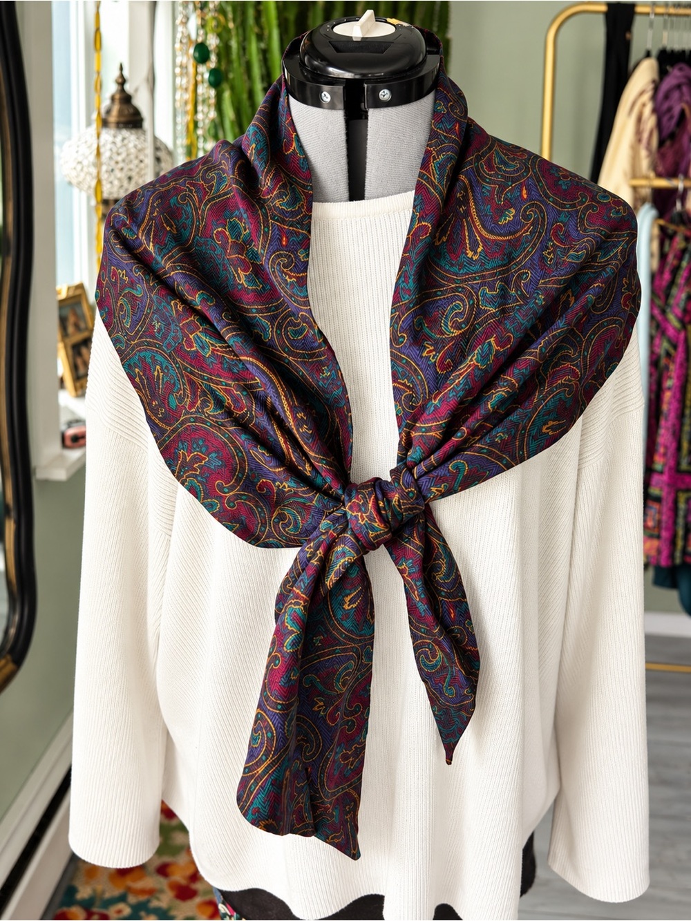 Vintage Paisley Scarf 90% Rayon 10% Wool Jewel Tone Boho 68” Long